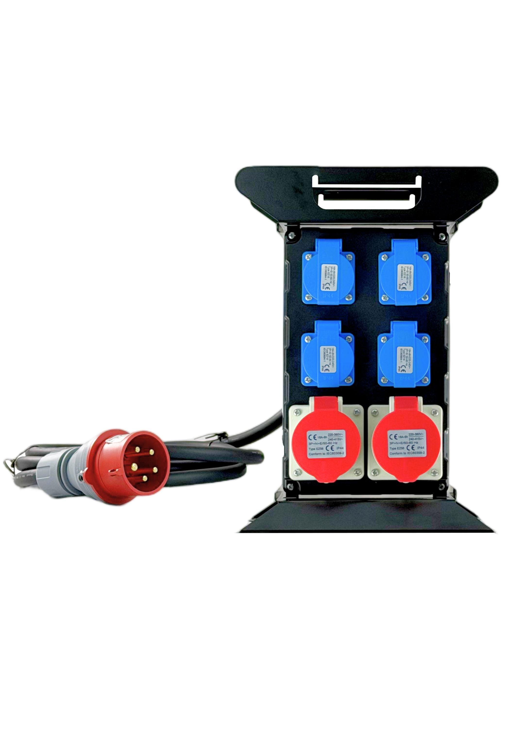 CEE Baustromverteiler Starkstrom Schuko Adapter 4 x 230V 2 x 400 V 5-polig 16A Mit FI Schutzschalter