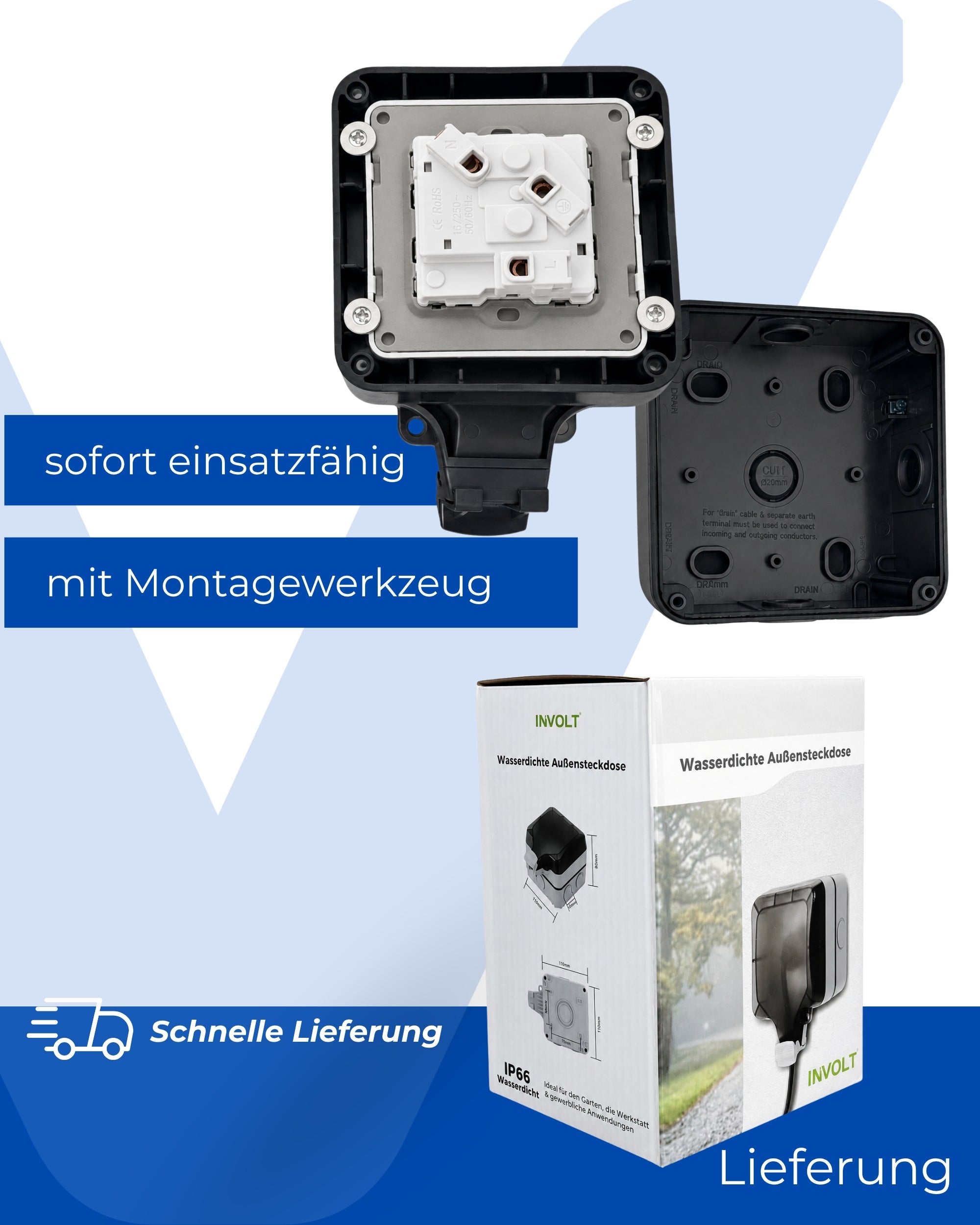 Außensteckdose-Set IP66 Schwarz IP66 Wetterfest Schutzkontakt mit Klappdeckel