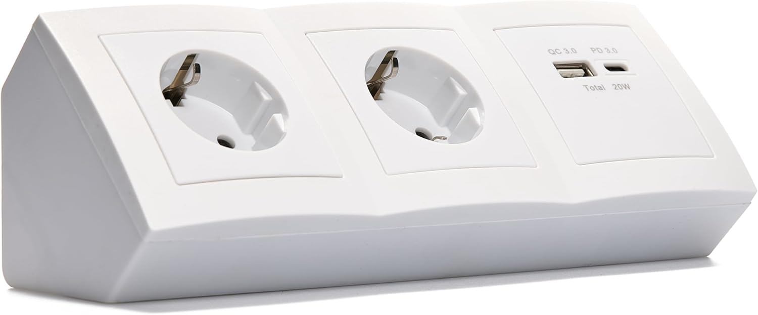 MC Power Steckdosenblock Unterbausteckdosen | Flair | Ecksteckdose 2-Fach Steckdose + USB-C/A, 15cm Kabel mit Lüsterklemme, 230V / 16A, Aufbau, weiß matt