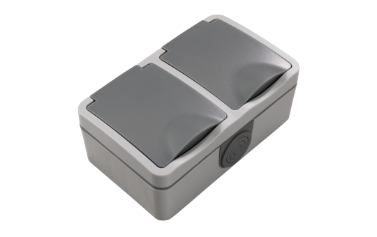 MC POWER Feuchtraum Doppelsteckdose Aufputz | Fix | Zweifach Steckdose 2-fach horizontal Steckanschluss, 250V 16A, IP54, AP grau