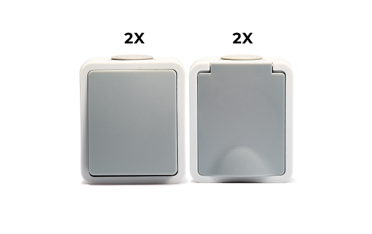 MC POWER Feuchtraum Schalter Steckdosen Set | 2x Wechselschalter + 2x Einzelsteckdose | Fix Easy | IP54 Steckdose Lichtschalter mit Steckanschluss grau