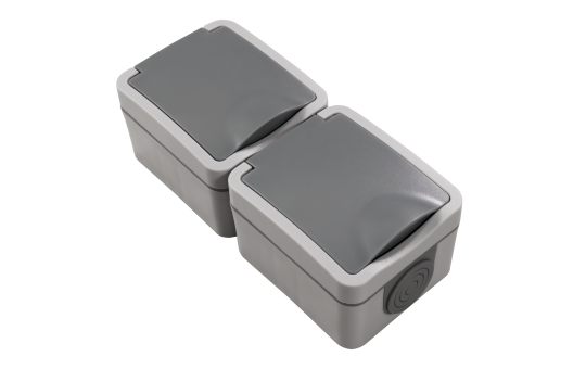 MC POWER Feuchtraum Doppelsteckdose Aufputz | Fix | Zweifach Steckdose 2-fach vertikal Steckanschluss, 250V 16A, IP54, AP grau