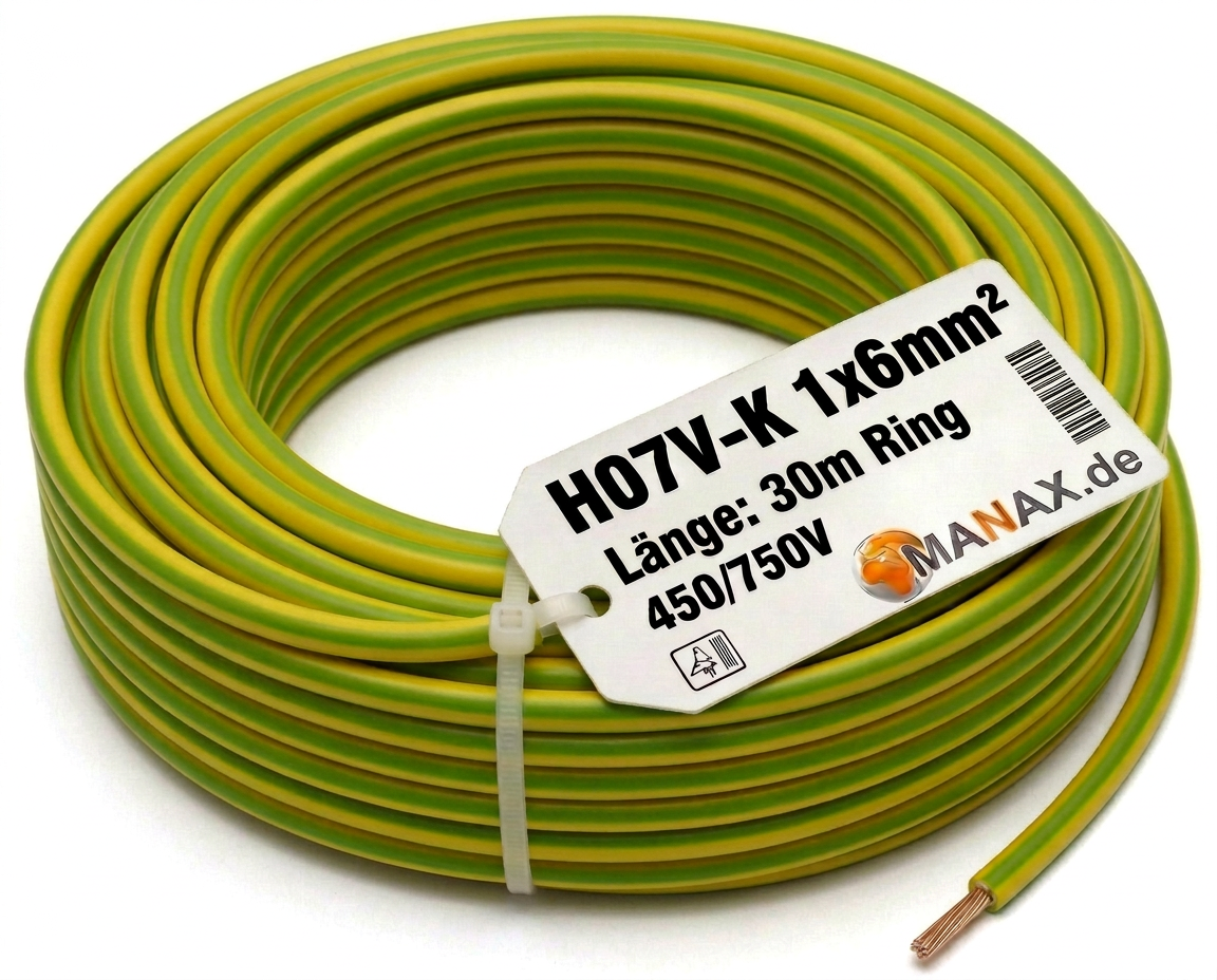 30m 6mm2 Erdungskabel H07V-K 1x6mm² Aderleitung flexibel Kupfer Litze Einzelader für PV Anlagen Solar Energieleitung Verdrahtungsleitung PVC Erdungsleitung feindrahtig grün-gelb