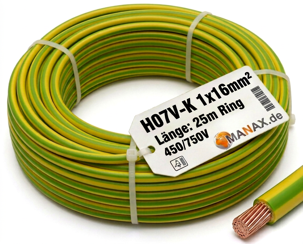 25m 16mm2 Erdungskabel H07V-K 1x16mm² Aderleitung flexibel Kupfer Litze Einzelader für PV Anlagen Solar Energieleitung Verdrahtungsleitung PVC Erdungsleitung feindrahtig grün-gelb