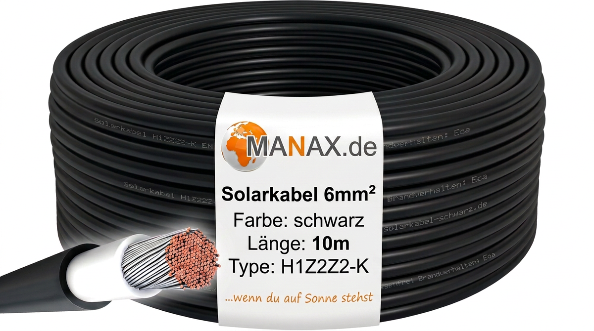 10m Solarkabel 6mm² H1Z2Z2-K Schwarz - UV-beständig, flexibel, Photovoltaik Kabel, PV Kabel, Solar Anschlusskabel für Solarpanel, Wechselrichter & Laderegler - langlebig