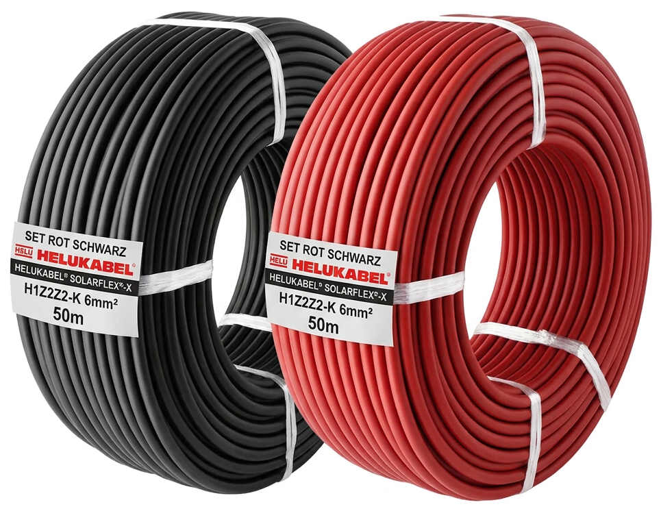 2er Pack rot + schwarz Solarkabel 6mm² - je 50m - UV-beständig, halogenfrei, flexibel, Photovoltaik Kabel, PV Kabel für Solarpanel, Wechselrichter & Laderegler