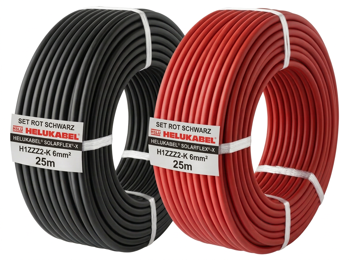 2x 25m Solarkabel 6mm² H1Z2Z2-K rot + schwarz - UV-beständig, halogenfrei, flexibel, Photovoltaik Kabel, PV Kabel für Solarpanel, Wechselrichter & Laderegler
