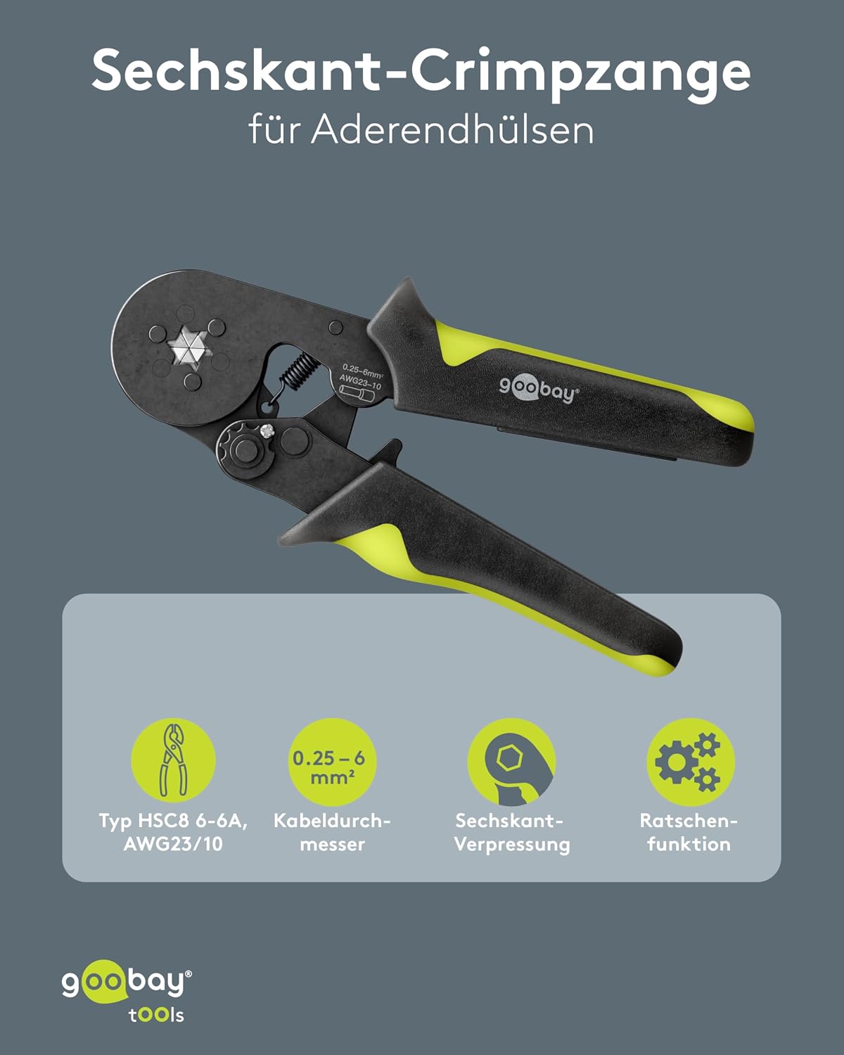 Sechskant-Crimpzange für Aderendhülsen 0,25–10 mm², Presszange, HSC8 6-6A, AWG23–10, Crimpwerkzeug für isolierte und unisolierte Kabelhülsen