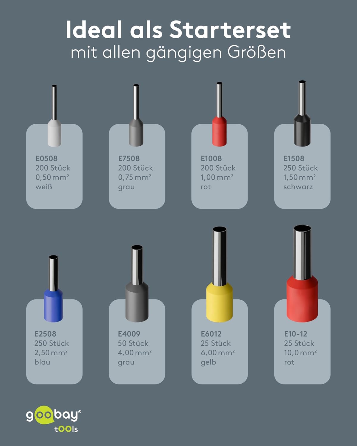 Aderendhülsen Set 1200-teilig, isolierte Kabelendhülsen 0,5–10 mm², 8 Typen in Sortimentsbox, verzinnte Messinghülsen mit PP-Kragen zum Crimpen