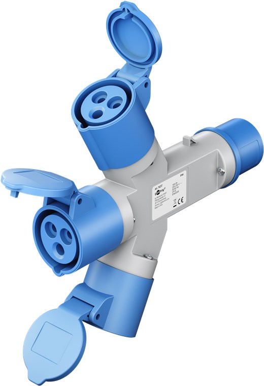 goobay CEE-Adapter für Wohnwagen, CEE-Stecker auf 3 x CEE-Buchse, tragbar, mit Schutzabdeckung, wasserdicht IP44