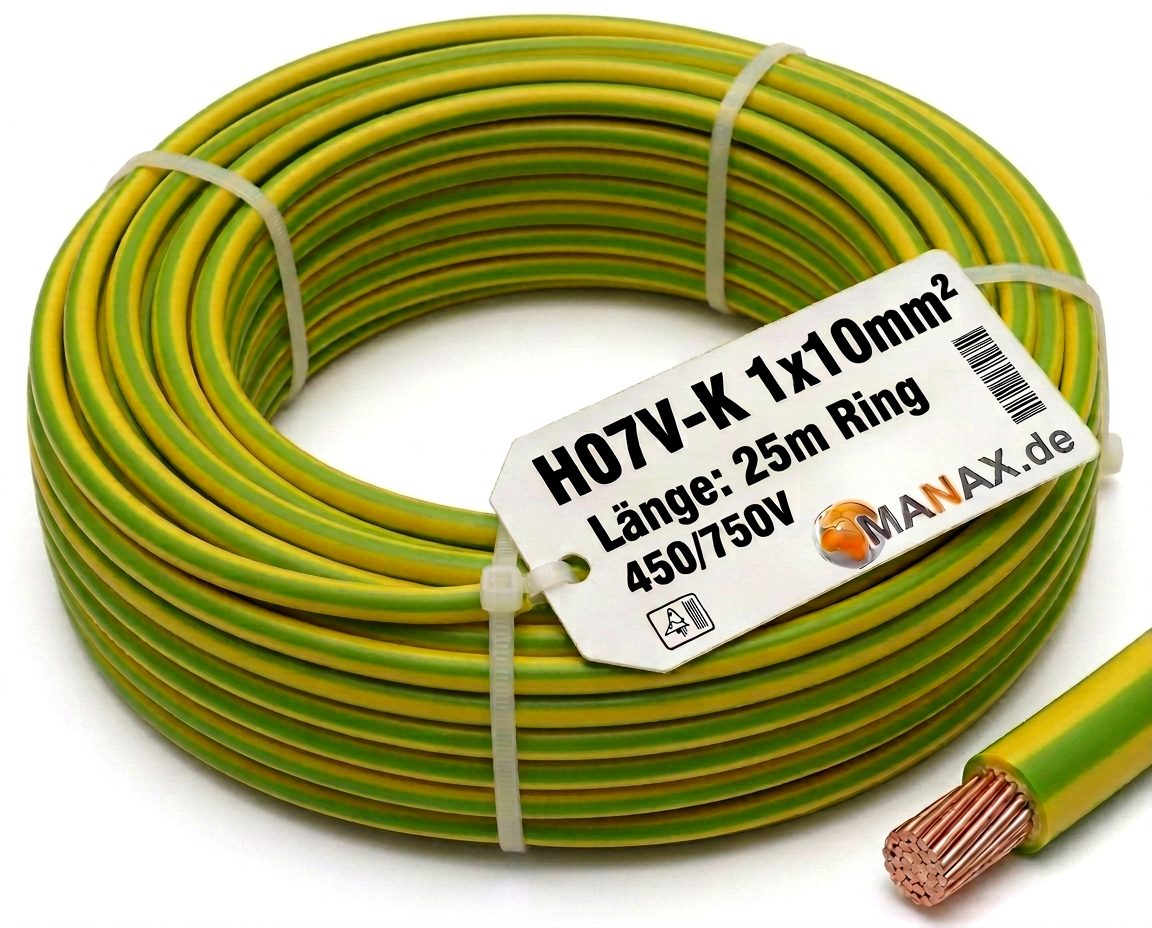 25m 10mm2 Erdungskabel H07V-K 1x10mm² Aderleitung flexibel Kupfer Litze Einzelader für PV Anlagen Solar Energieleitung Verdrahtungsleitung PVC Erdungsleitung feindrahtig grün-gelb
