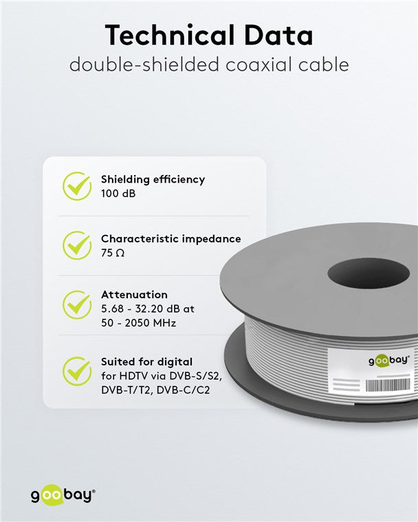 Goobay SAT Koaxialkabel Satellitenkabel 100 dB / Antennenkabel 100m / 2fach geschirmt / Kabelfernsehen HDTV - DVB-T - DVB-S Fernsehkabel / Class A CCS Koax SAT Kabel / Weiß / 100m