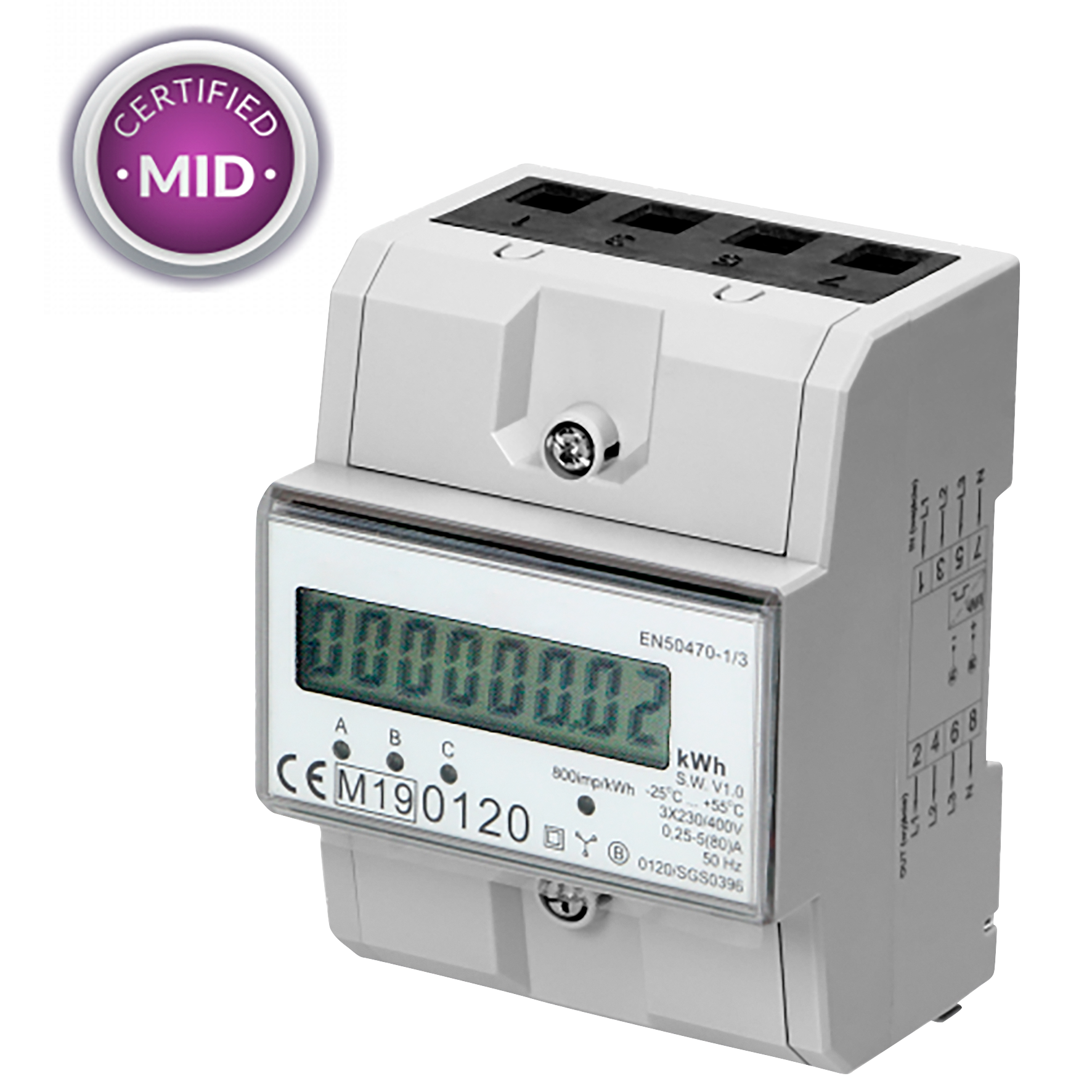 3-phasiger Stromzähler, 80A, MID, 3 Module, DIN TH-35mm