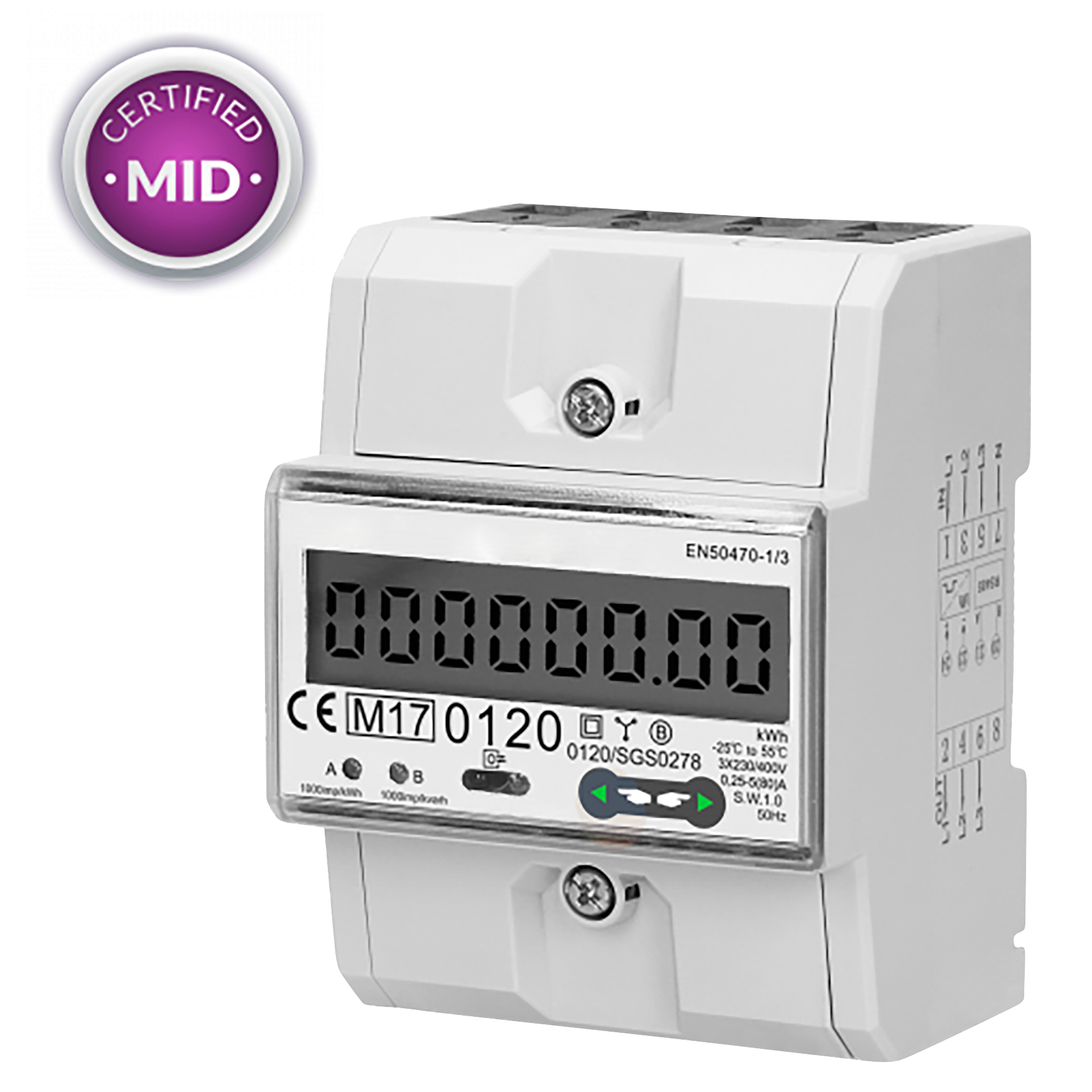 3-phasiger Stromzähler, 80A, RS-485-Anschluss, 4,5 Module, DIN TH-35mm