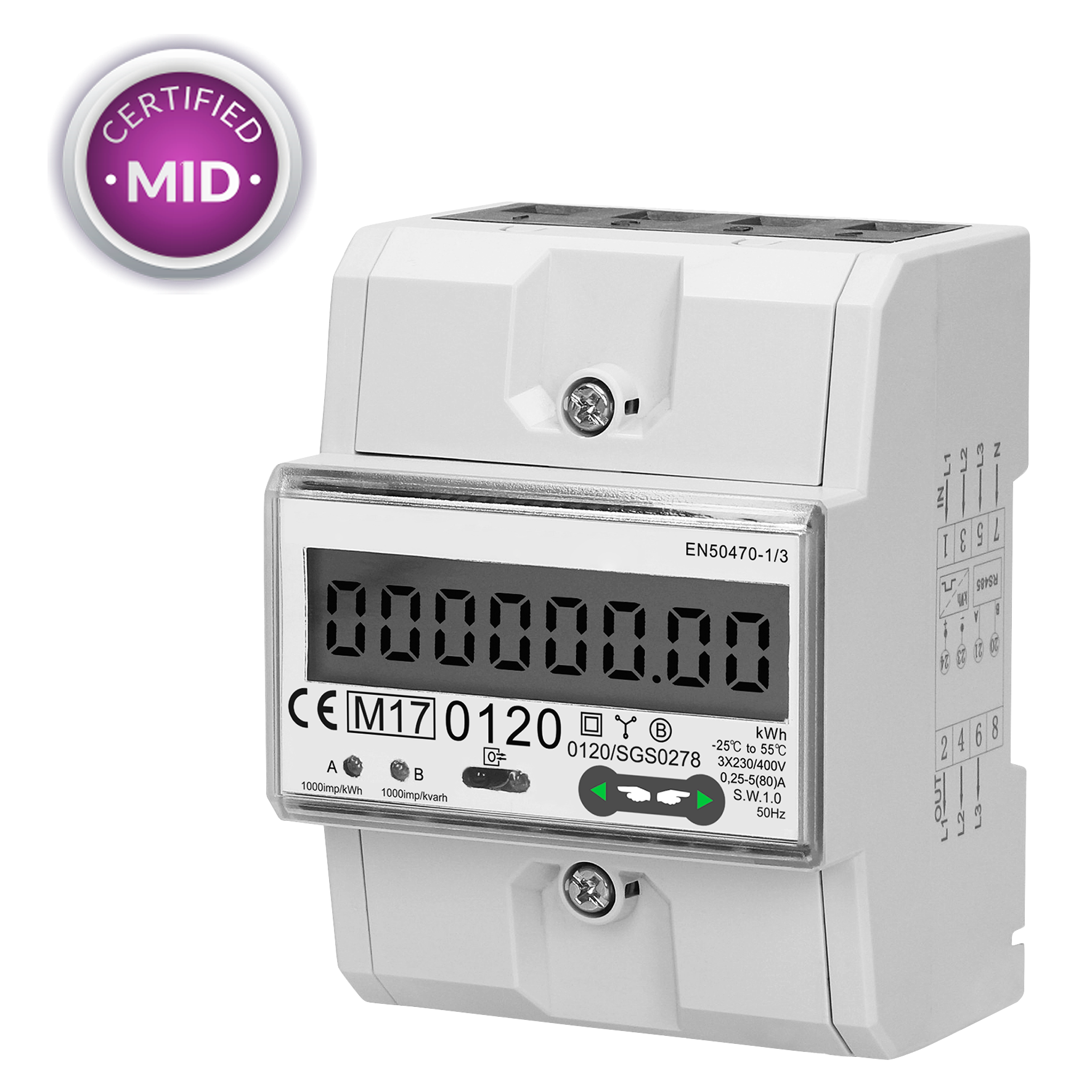 3-phasiger Stromzähler, 80A, RS-485-Anschluss, MID, 4,5 Module, DIN TH-35mm
