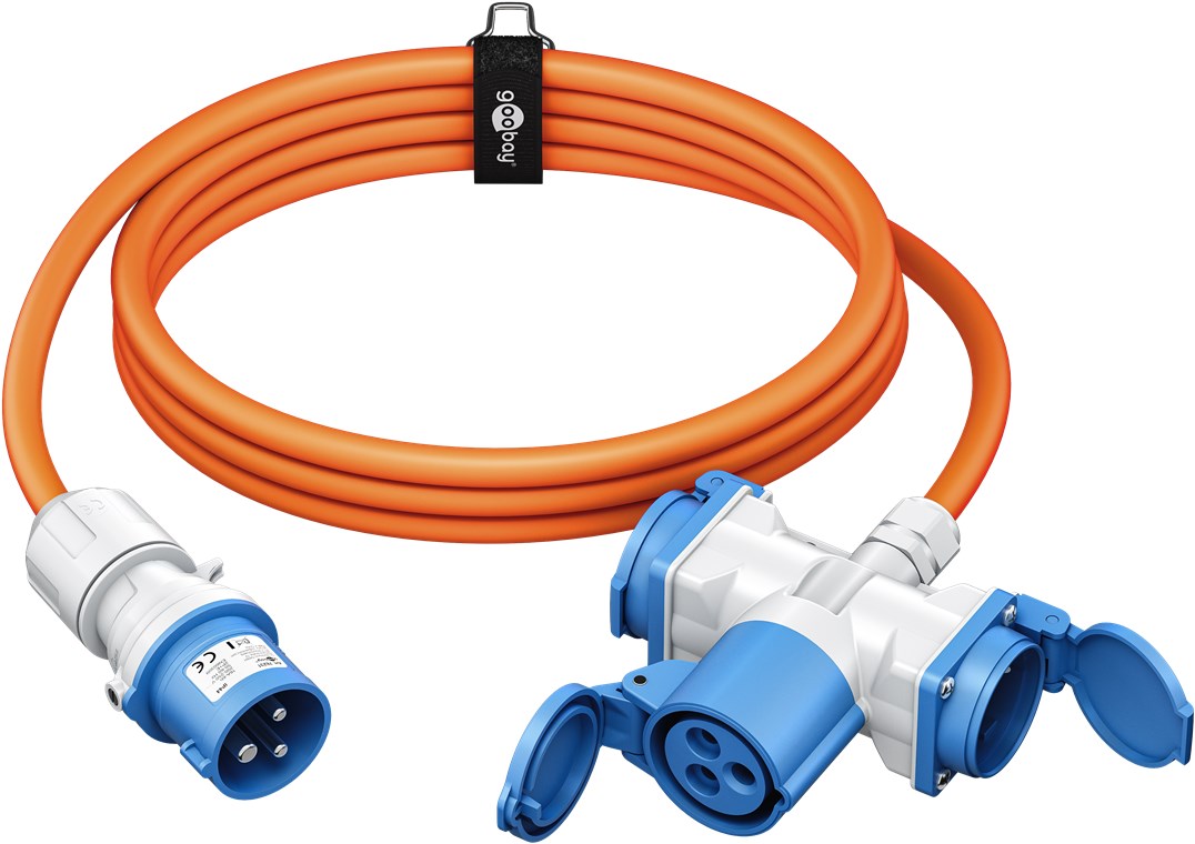 goobay CEE-Adapterkabel für Wohnwagen 10 m CEE-Stecker auf 1 x CEE-Buchse und 2 x Schutzkontaktsteckdose, IP 44, Kabel für Camping, Wohnmobil und Baustelle
