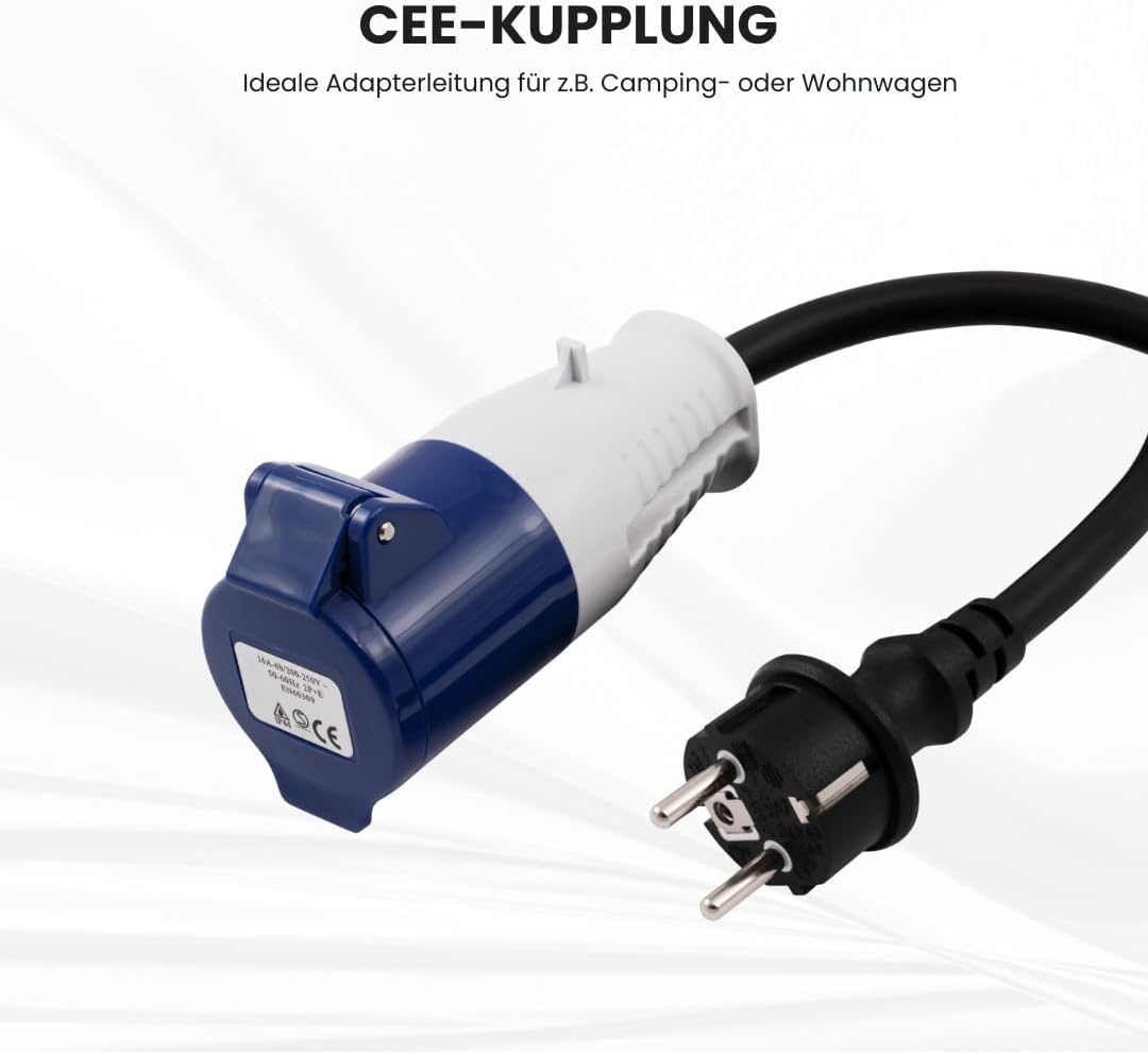 MC Power CEE-Kupplung auf Schutzkontakt Stecker | 0,35m, H07RN-F 3G2,5, 230V, IP44 | Robustes Verlängerungsadapter-Kabel
