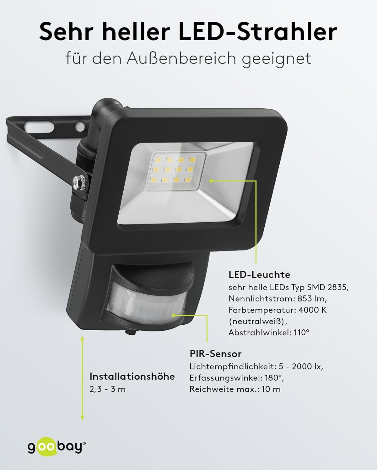 LED Strahler Bewegungsmelder Außen 10W / PIR Sensor Außenstrahler IP44 / Neutralweißes Licht 850 lm / LED Scheinwerfer Fluter Wandmontage / Gartenstrahler / Schwarz