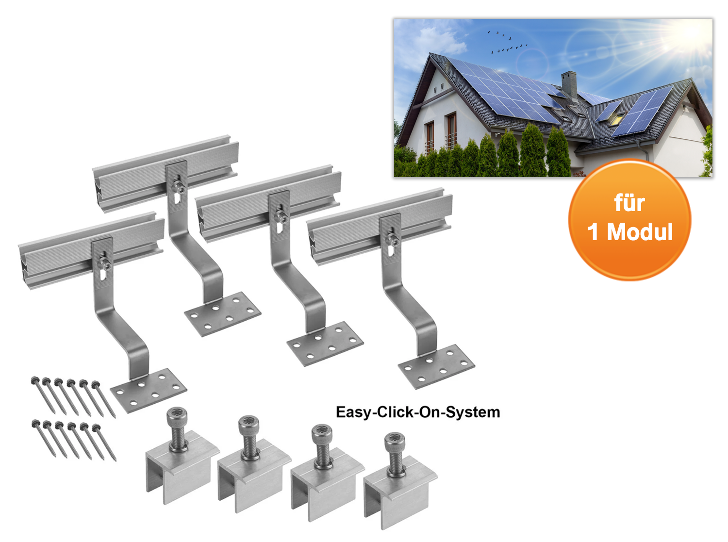 Solar Halterung Ziegeldach I Set für 1 PV Module 30-40mm I silber I Solarmodul Halterung Balkonkraftwerk I Solarmodulbefestigungsset für Ziegeldächer aus Edelstahl