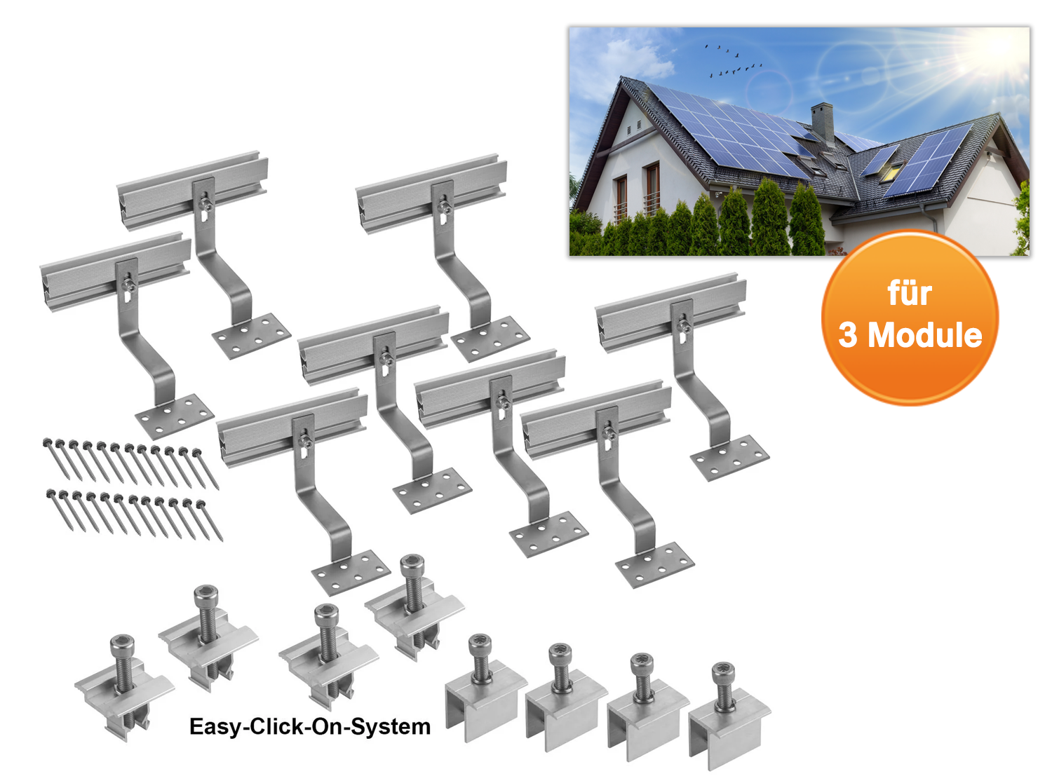 Solar Halterung Ziegeldach I Set für 3 PV Module 30-40mm I silber I Solarmodul Halterung Balkonkraftwerk I Solarmodulbefestigungsset für Ziegeldächer aus Edelstahl I PV-Halterung Montageset
