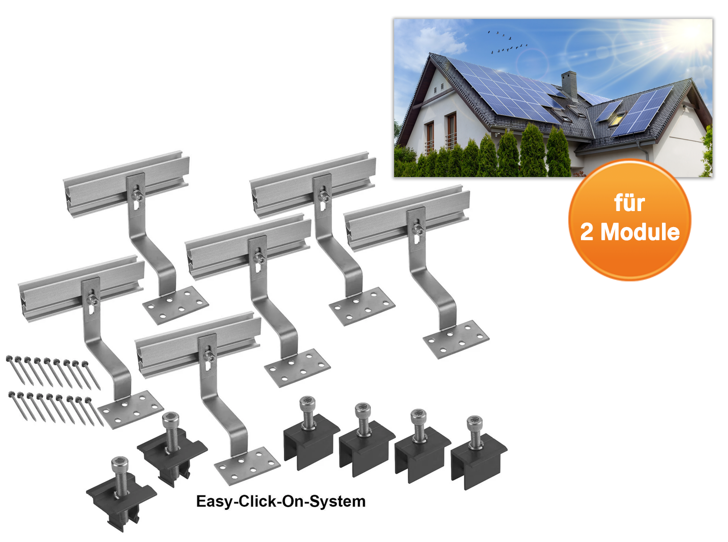 Solar Halterung Ziegeldach I Set für 2 PV Module 30-40mm I silber / schwarz I Solarmodul Halterung Balkonkraftwerk I Solarmodulbefestigungsset für Ziegeldächer aus Edelstahl