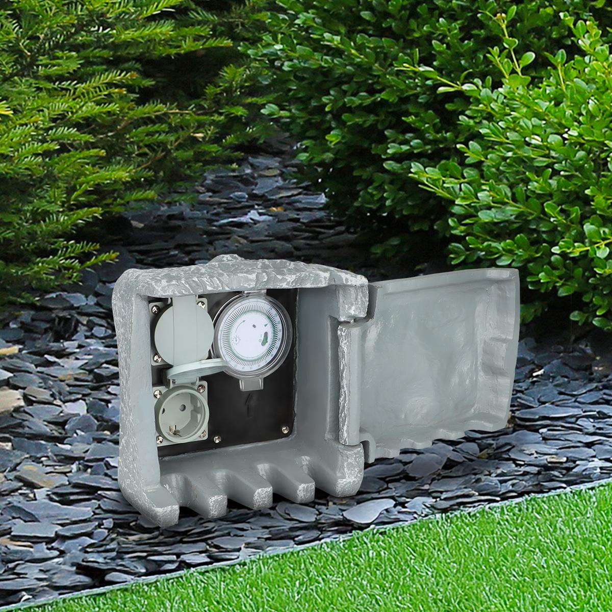Gartensteckdose in Steinoptik IP44 - Ausführung: 2 Steckdosen mit Zeitschaltuhr / Timer