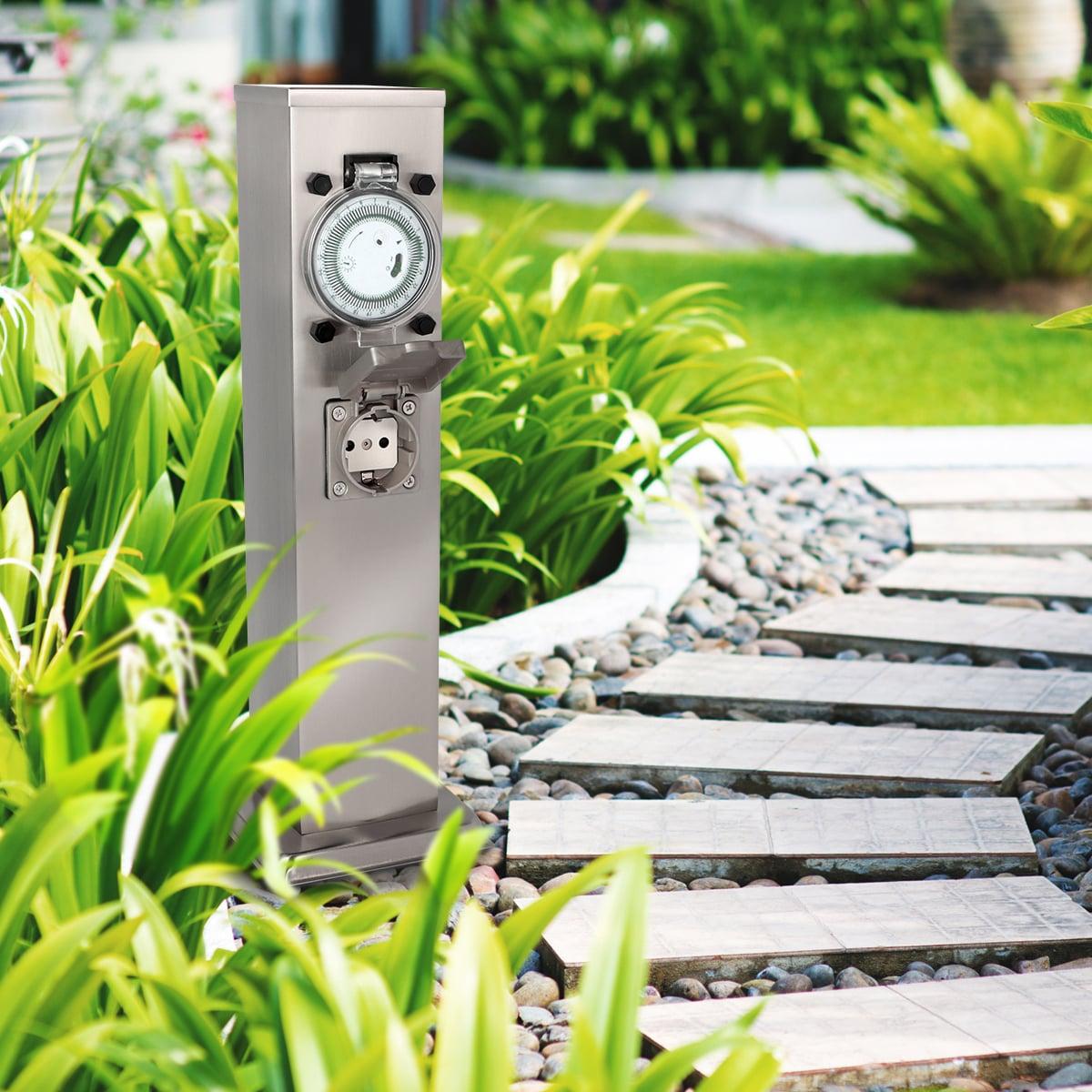 Garten Steckdosensäule für außen - Farbe: Edelstahl - Ausführung: 3 Steckdosen mit Zeitschaltuhr / Timer