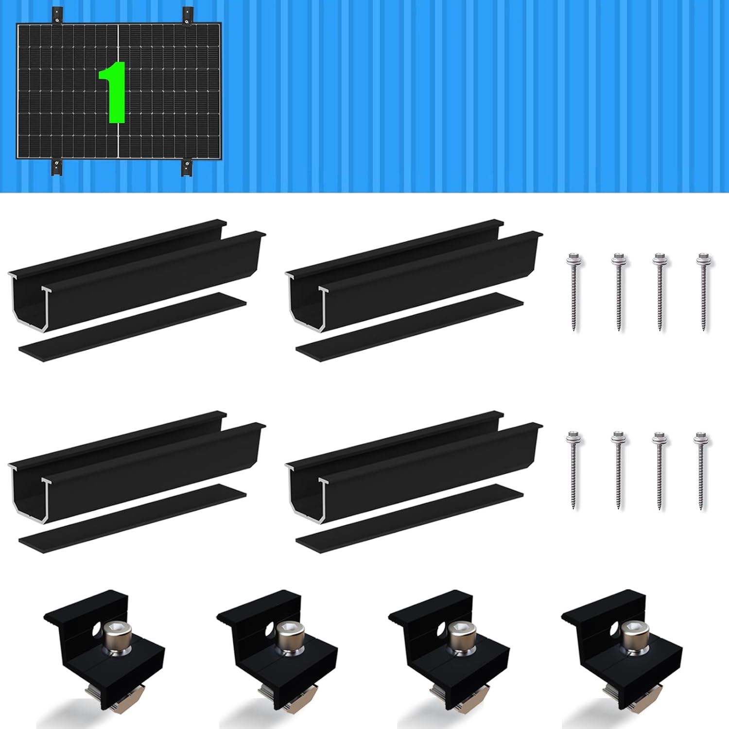 Solarmodul Halterung Montageset, Schwarzes 12CM Aluprofil und Verstellbare Klammern Befestigung für Solarmodul, Solarpanel Halterung 1 Modul 30-35MM für Flachdach Trapezblech Blechdach