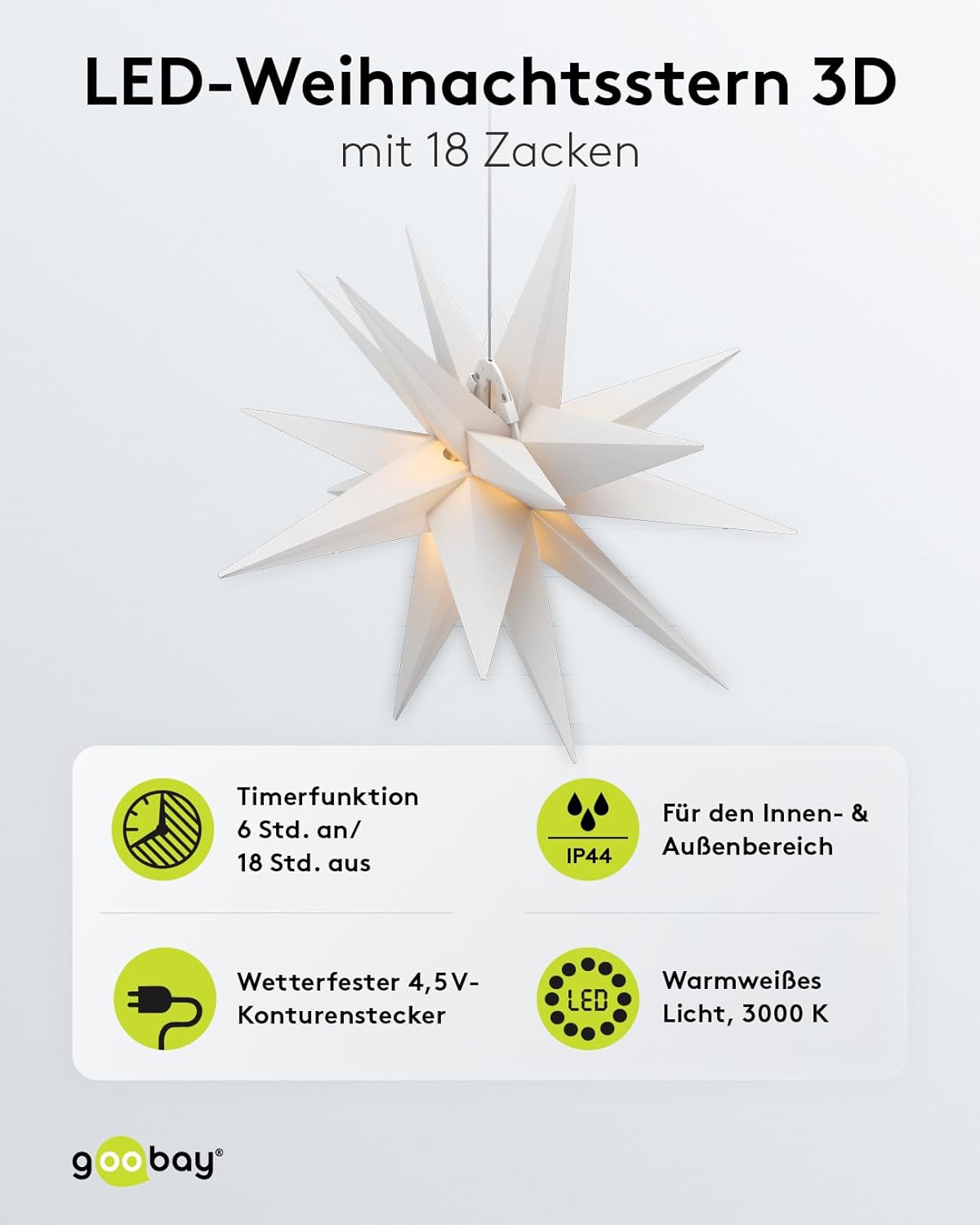 LED Weihnachtsstern 3D Ø 56 cm / Stern mit 18 Zacken und Timer / Weihnachtsdeko/LED Stern für stimmungsvolle Atmosphäre / 4,5-V-Außentrafo / Wanddeko / Leuchtstern / weiß