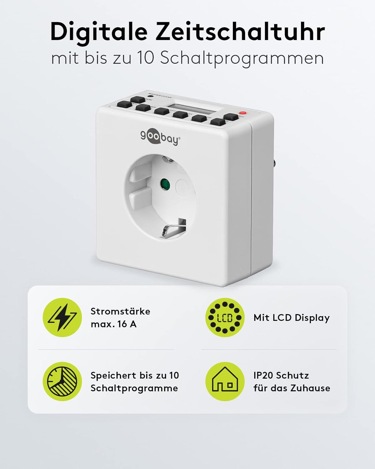 Digitale Zeitschaltuhr Innen – Geräuschlos - Programmierbar - Dauerbetrieb möglich – 10 Schaltprogramme - Back Up Akku f. 4 Tage – Unauffälliges Design