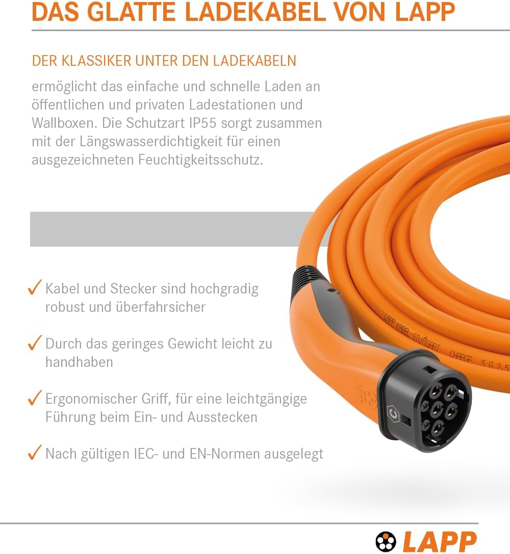 Lapp Mobility Typ 2 Ladekabel (3m/5m/7m/10m) 22 KW orange / Glatt / 32 A / 3-Phasig / E-Auto Ladekabel / Mode 3