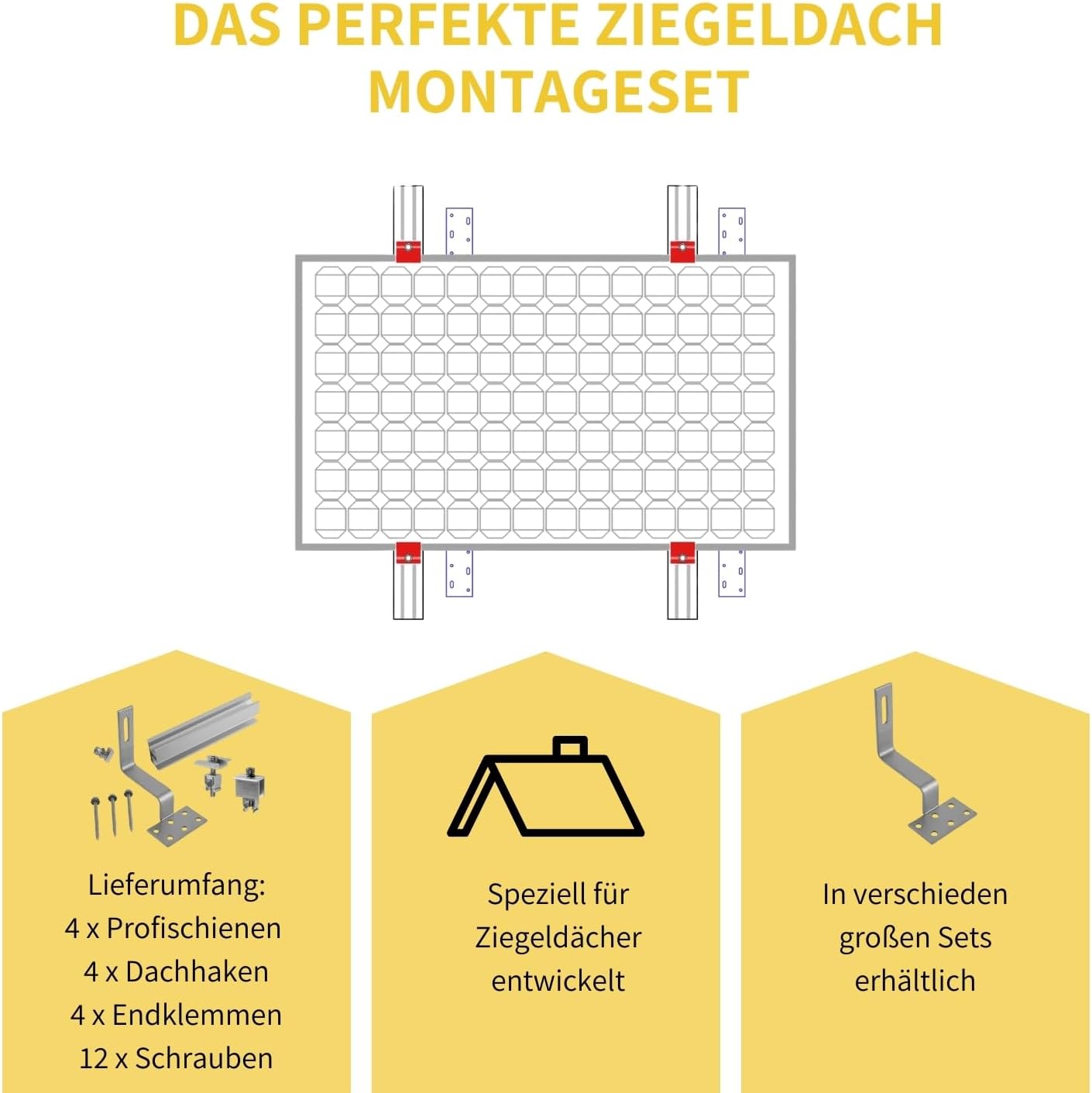 Solar Halterung Ziegeldach I Set für 1 PV Module 30-40mm I silber I Solarmodul Halterung Balkonkraftwerk I Solarmodulbefestigungsset für Ziegeldächer aus Edelstahl