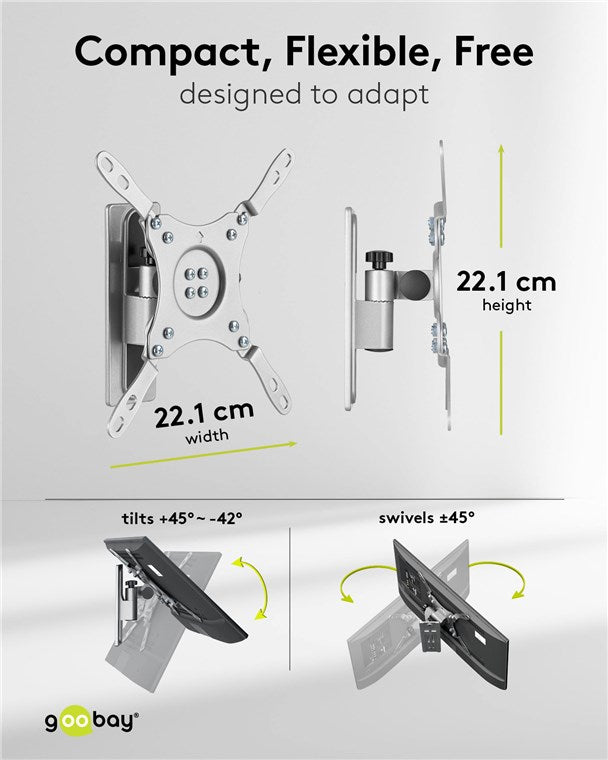 goobay TV Wandhalterung für Wohnwagen / schwenkbar & neigbar / max. 15kg / 13-43 Zoll / bis VESA 200x200mm kompatibel / für Wohnmobile, Wandhalterung Fernseher Samsung, Sony, Philips