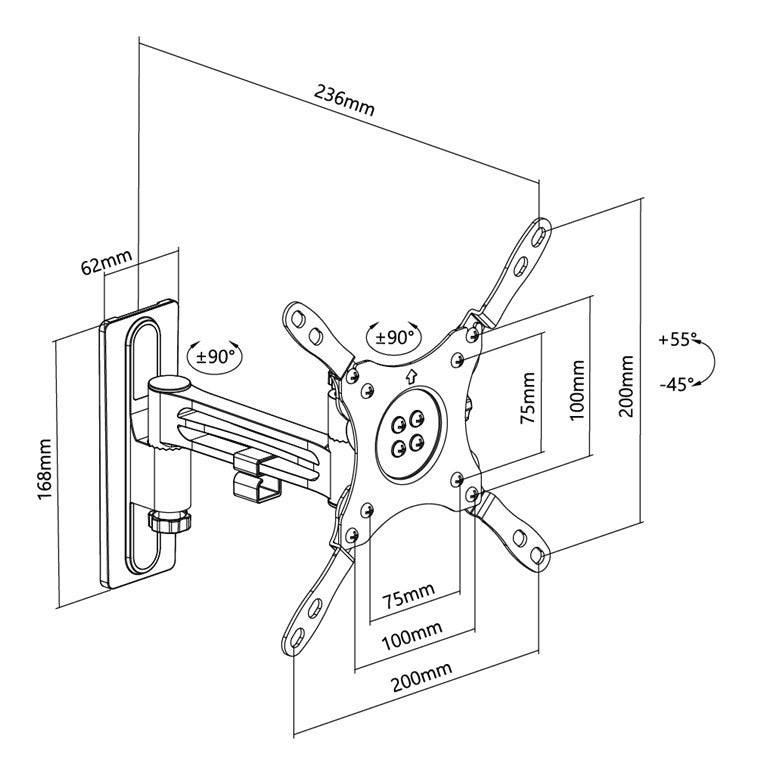 goobay Universal TV Wandhalter / schwenkbar, neigbar, ausziehbar bis 23,6cm / max. 15kg / 13-43 Zoll / bis VESA 200x200mm kompatibel / für Wohnmobile geeignet