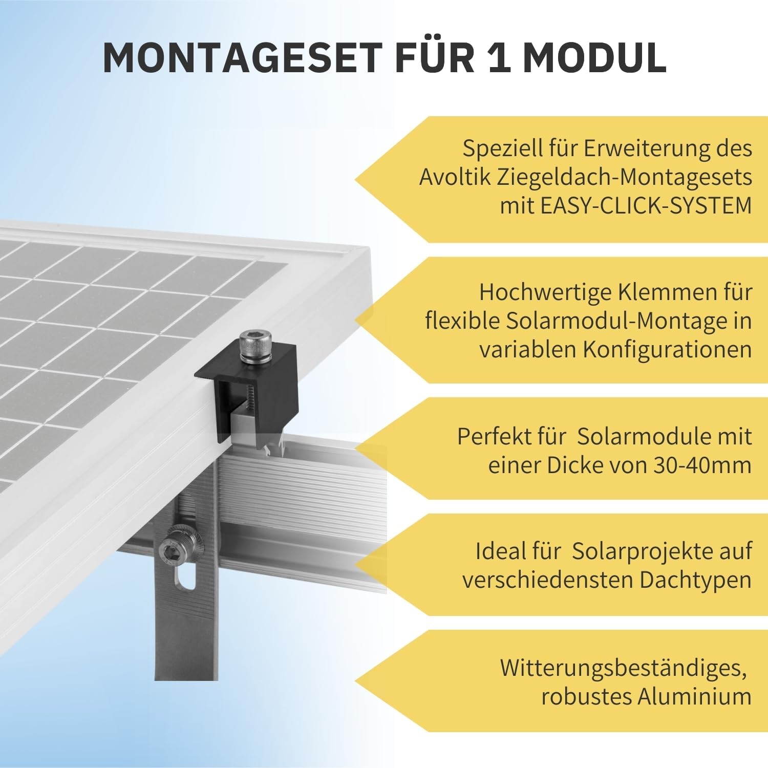 Solar Halterung Ziegeldach I Set für 2 PV Module 30-40mm I silber / schwarz I Solarmodul Halterung Balkonkraftwerk I Solarmodulbefestigungsset für Ziegeldächer aus Edelstahl