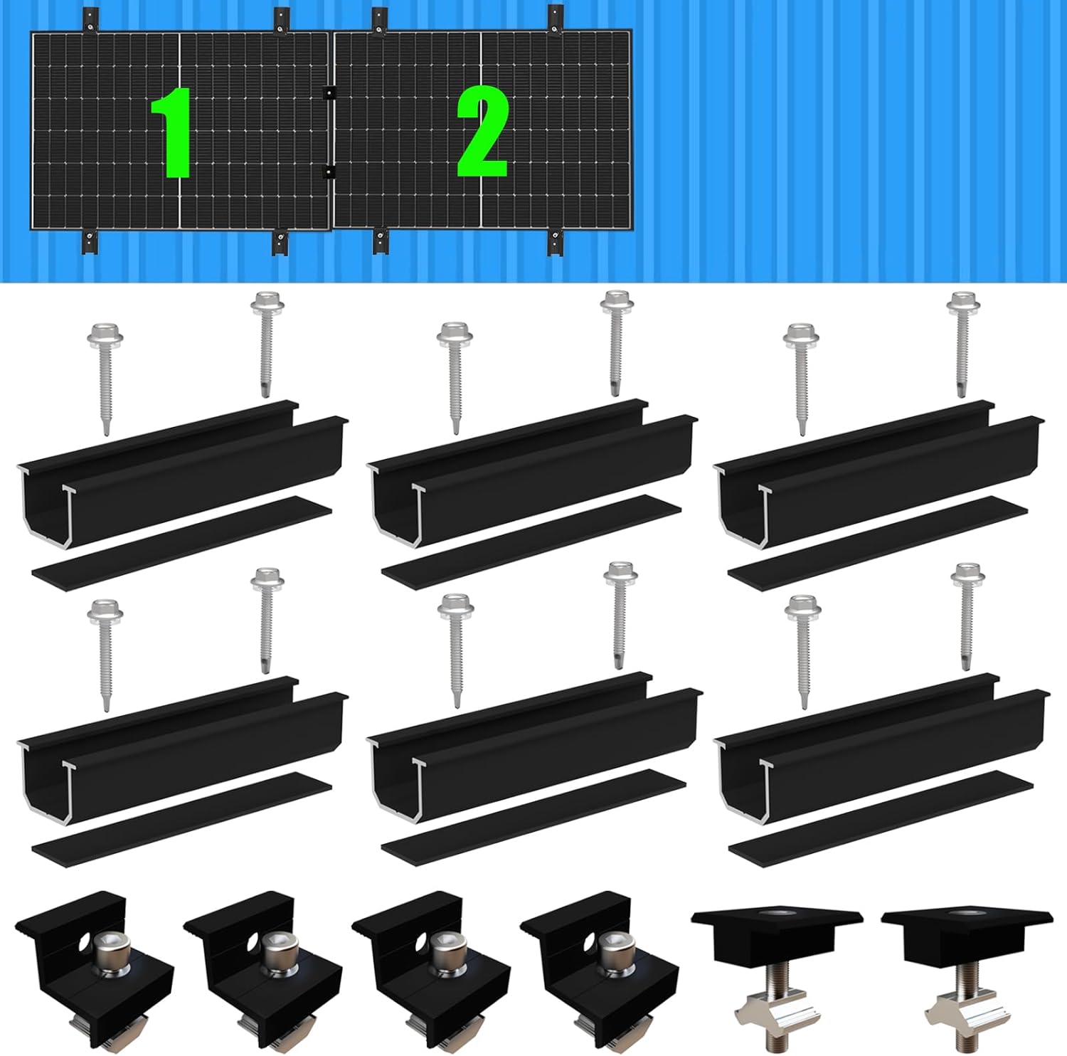 Solarmodul Halterung Montageset, Schwarzes 12CM Aluprofil und Verstellbare Klammern Befestigung für Solarmodul, Solarpanel Halterung 2 Modul 30-35MM für Flachdach Trapezblech Blechdach