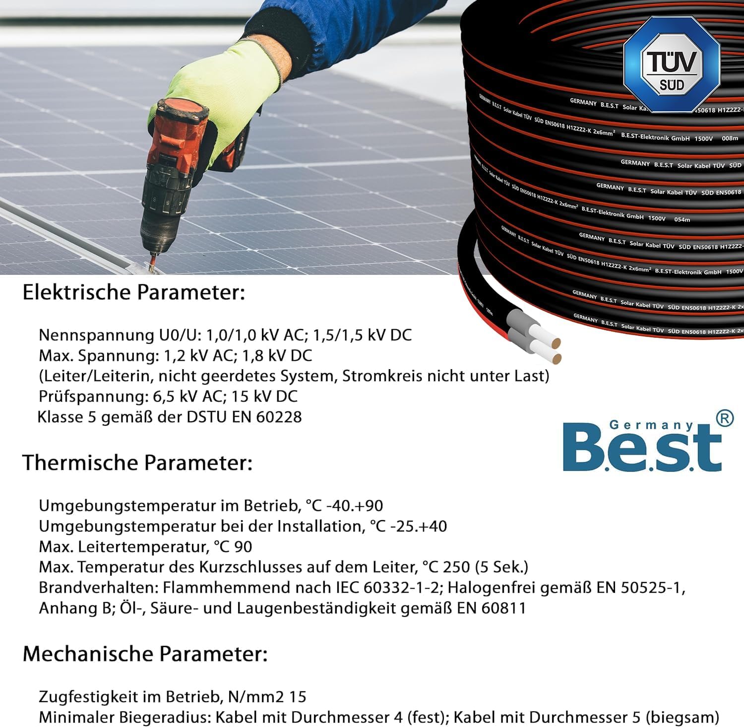 Solarkabel Duplex 4mm² PV Kabel TÜV Zertifiziertes Solar Kabel aus Kupfer, Photovoltaik Kabel 50m Schwarz und Rot