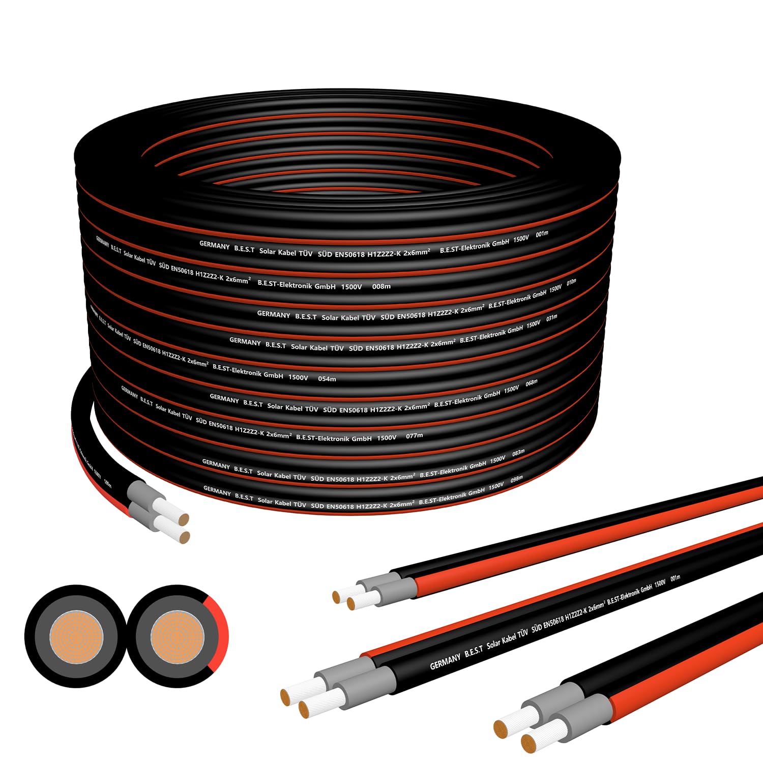 Solarkabel Duplex 6mm² PV Kabel TÜV Zertifiziertes Solar Kabel aus Kupfer, Photovoltaik Kabel 50m Schwarz und Rot