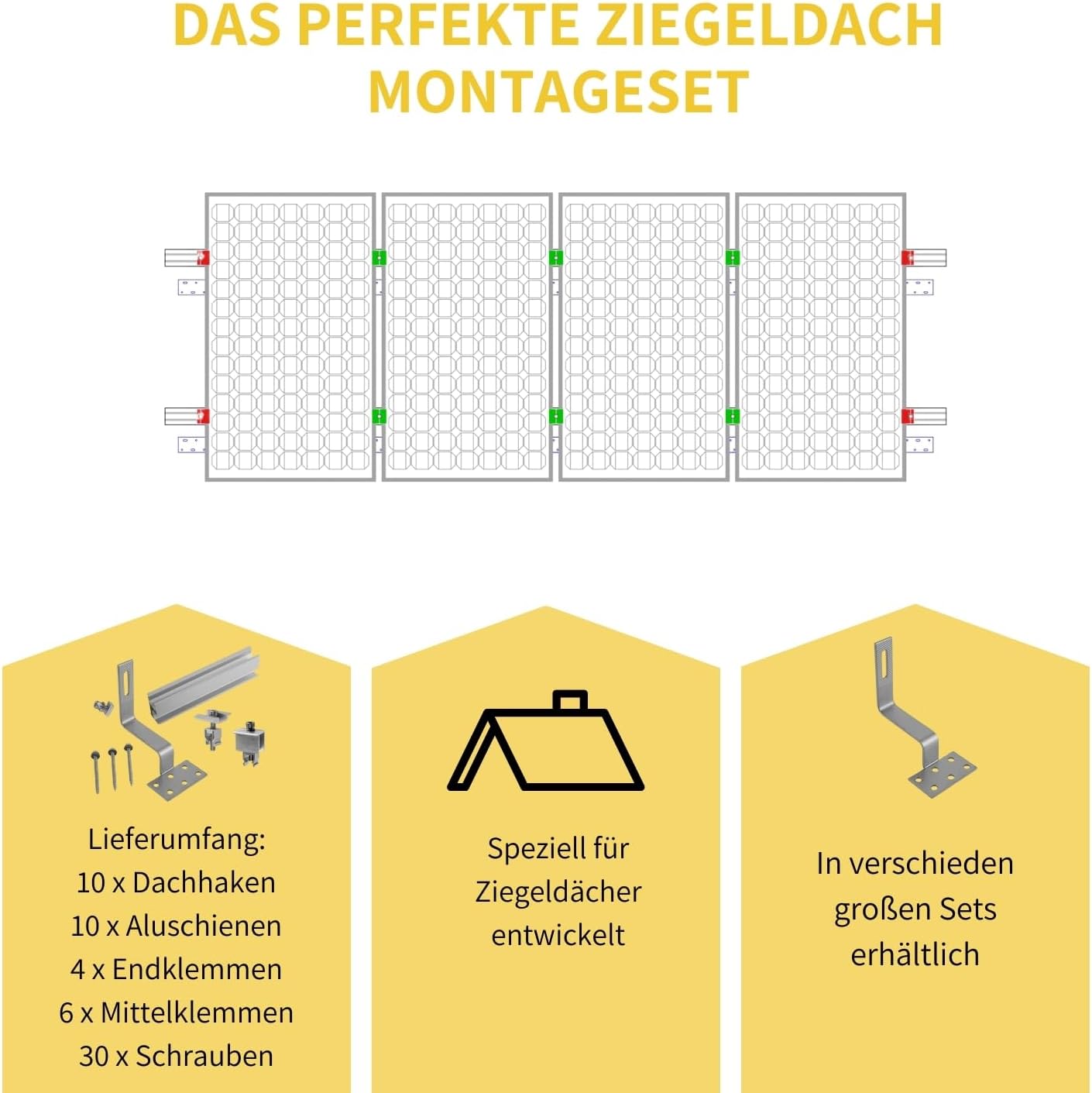 Solar Halterung Ziegeldach I Set für 4 PV Module 30-40mm I silber / schwarz I Solarmodul Halterung Balkonkraftwerk I Solarmodulbefestigungsset für Ziegeldächer aus Edelstahl