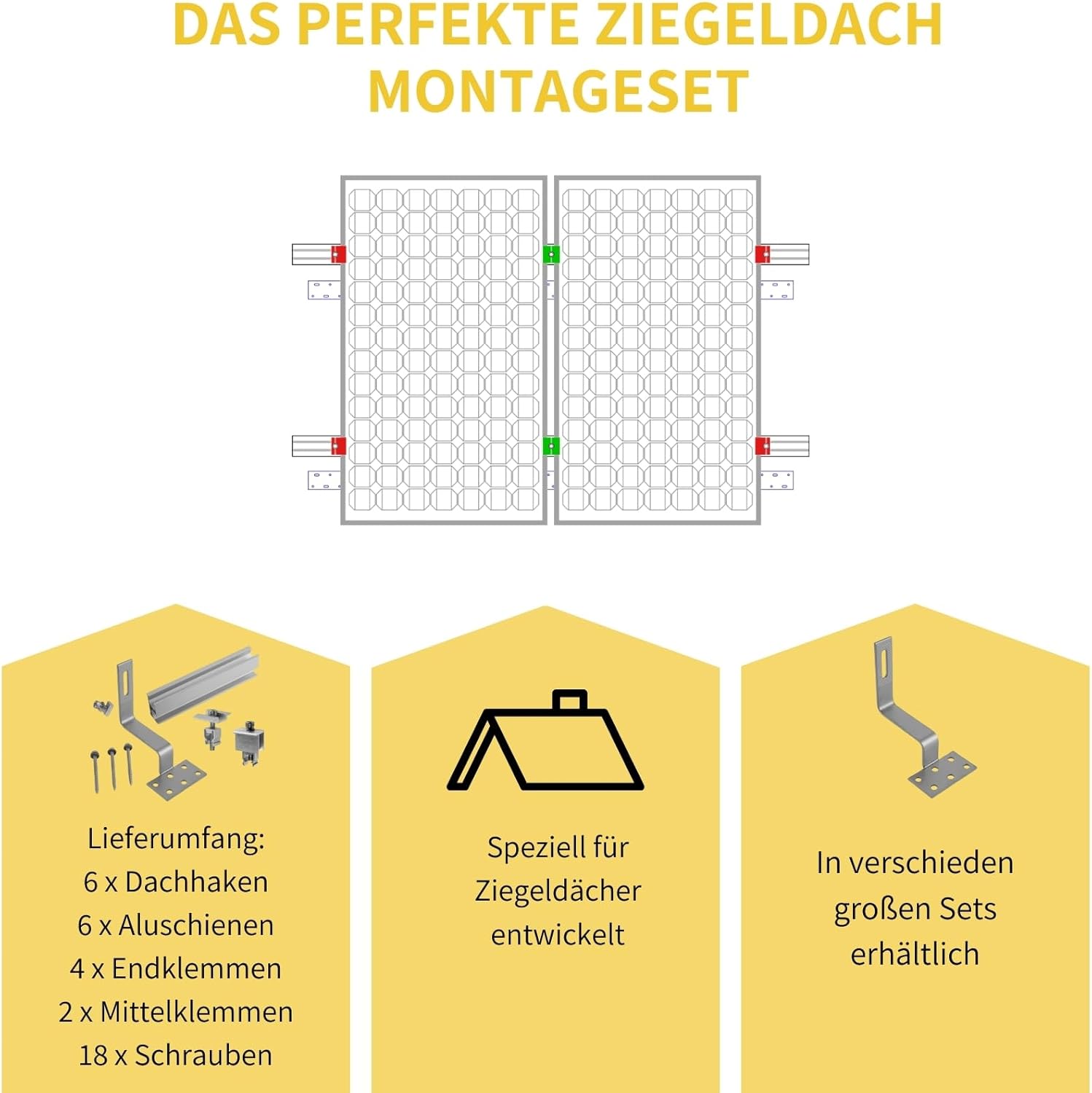 Solar Halterung Ziegeldach I Set für 2 PV Module 30-40mm I silber I Solarmodul Halterung Balkonkraftwerk I Solarmodulbefestigungsset für Ziegeldächer aus Edelstahl I PV-Halterung Montageset