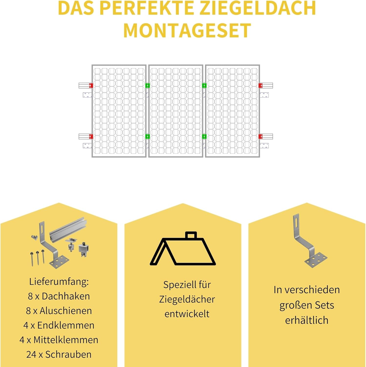 Solar Halterung Ziegeldach I Set für 3 PV Module 30-40mm I silber I Solarmodul Halterung Balkonkraftwerk I Solarmodulbefestigungsset für Ziegeldächer aus Edelstahl I PV-Halterung Montageset