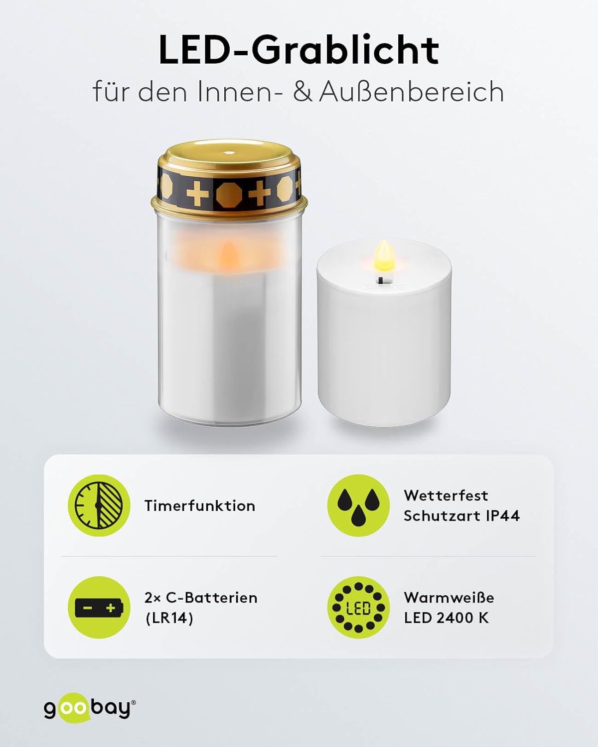 LED Grablicht mit Timer / Batteriebetrieben / LED Grabkerzen Outdoor / Friedhof Kerzen / Grablichter / Ewiges Licht / Grablampe / Weiß / Batterie 2x C/LR14