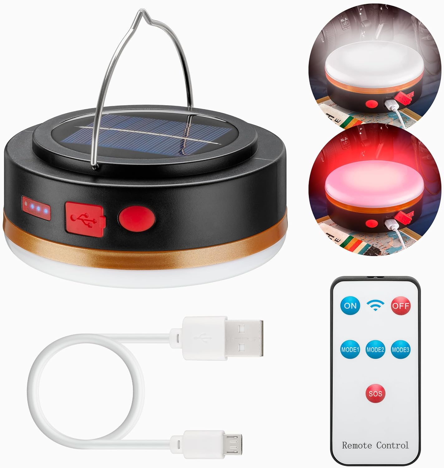 LED Solar Campinglampe mit IR Fernbedienung / Camping Beleuchtung / Outdoor Lampe / Hängelampe / 6 Leuchtmodi / 3,7 V, 2000 mAh / Powerbank Funktion / Aufladen von USB A Geräten