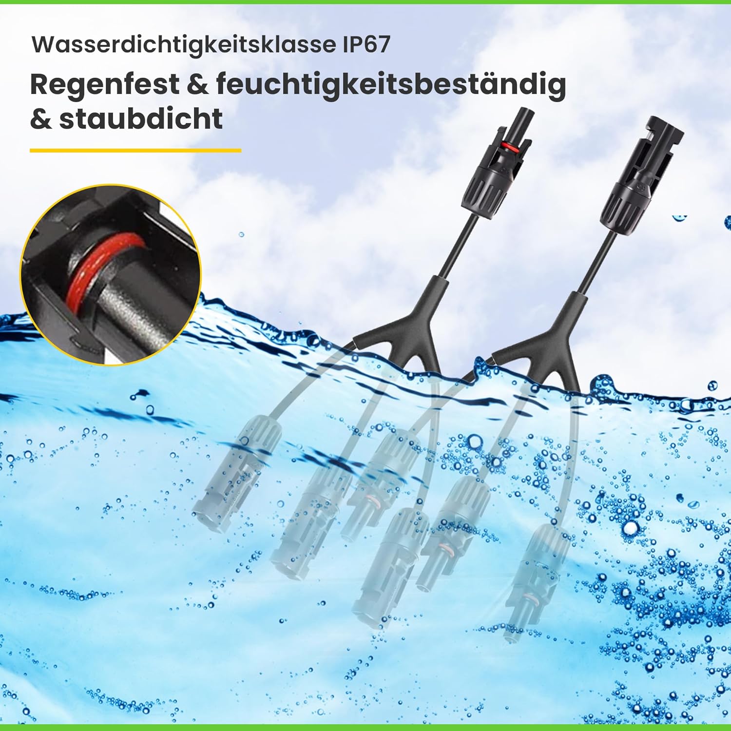 3-fach T-Verbinder-Set für Solarmodule mit 54 cm 6 mm² Kabelverlängerung, Snap-In Verriegelung, Easy-Click System, IP67 Schutzklasse, bis zu 1000V DC, für Outdoor-Solaranlagen (1 Paar)