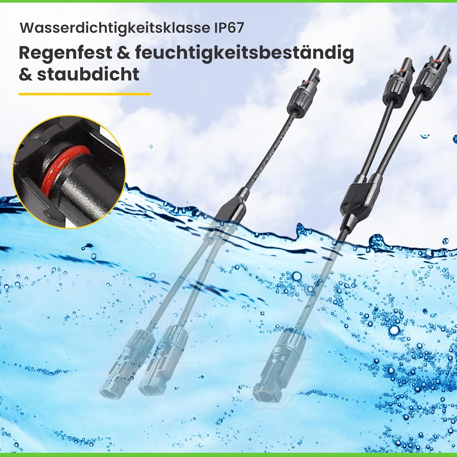 2-Wege Y-Verbinder-Set für Solarmodule mit 34 cm 6mm² Kabelverlängerung, Snap-In Verriegelung, Easy-Click System, IP67 Schutzklasse, bis zu 1000V DC, für Outdoor-Solaranlagen (1 Paar)