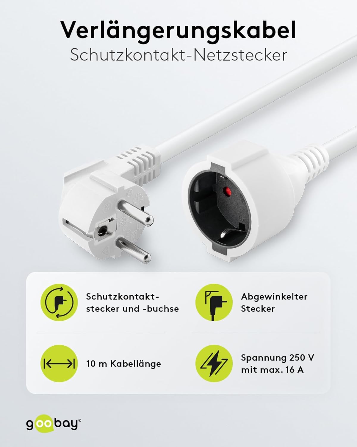 Goobay Gewinkeltes Strom Verlängerungskabel / Schutzkontakt Stecker 250V Schutzkontakt 5 Meter Stromkabel Verlängerung für Innenbereich / Weiß / 5m