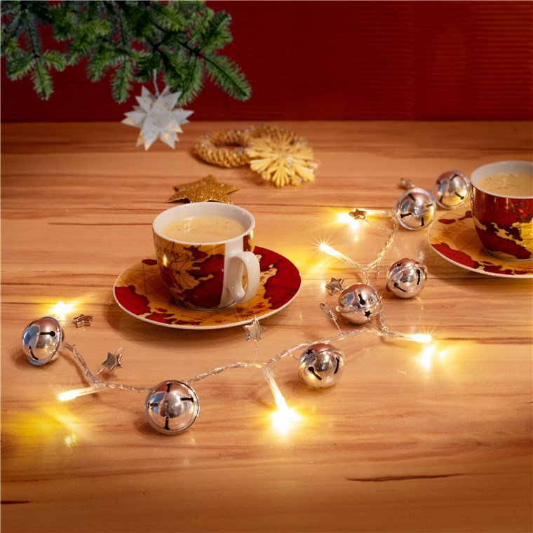 LED Lichterkette mit Timerfunktion Batteriefunktion – Lichterkette für Innenbereich mit 10 LEDs + Glöckchen + Sternen – Warm-Weiß (3000k) – IP20 – 1,3m, Silber, Transparent