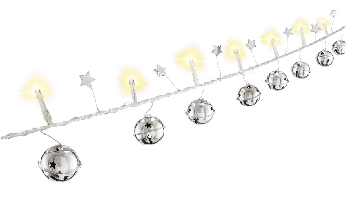 LED Lichterkette mit Timerfunktion Batteriefunktion – Lichterkette für Innenbereich mit 10 LEDs + Glöckchen + Sternen – Warm-Weiß (3000k) – IP20 – 1,3m, Silber, Transparent