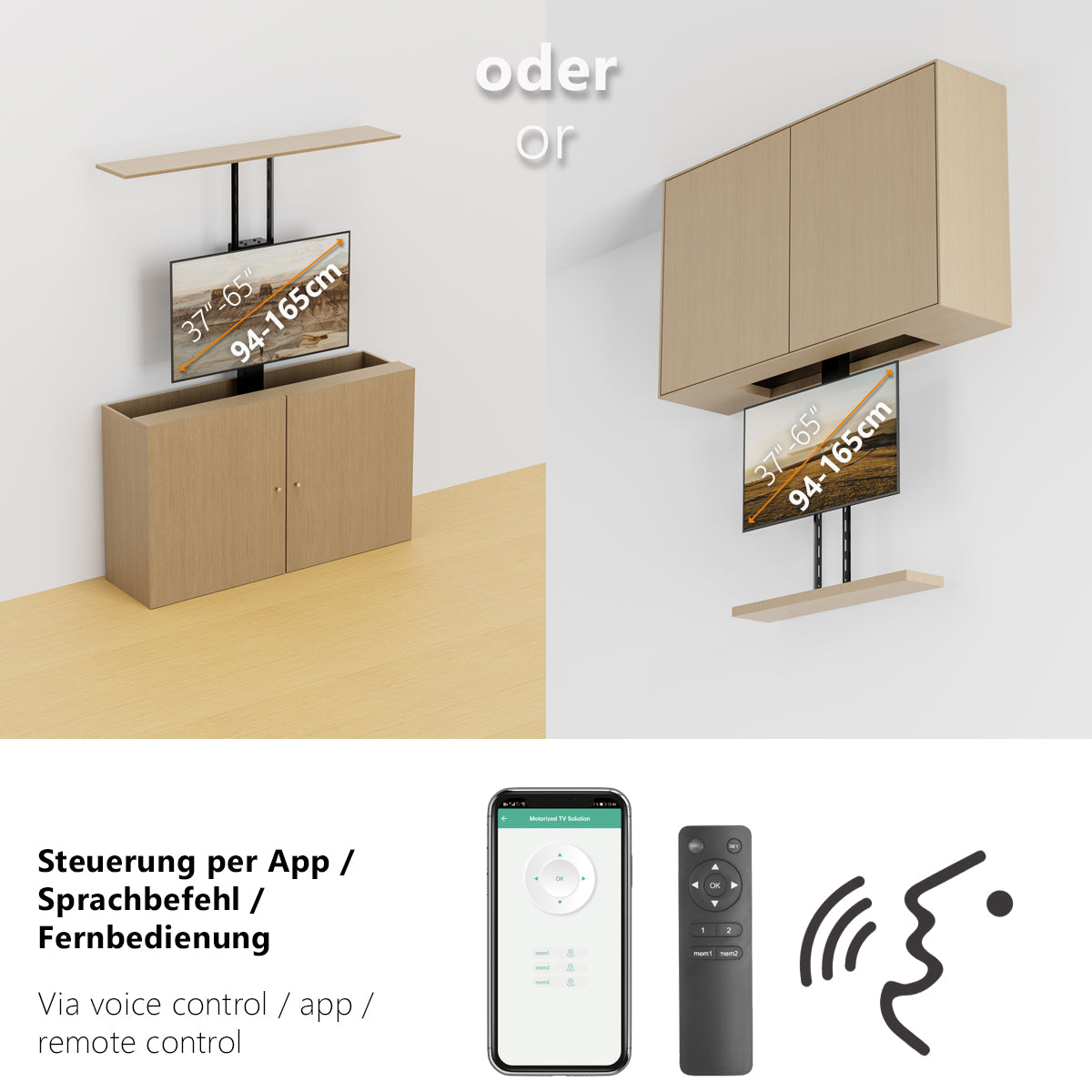 my wall TV Lift HP66-2L – Möbel- & Deckenmontage, Steuerung per Fernbedienung, App & Sprachbefehl (Alexa/Google), für 37"-65" (94-165 cm), bis 60 kg