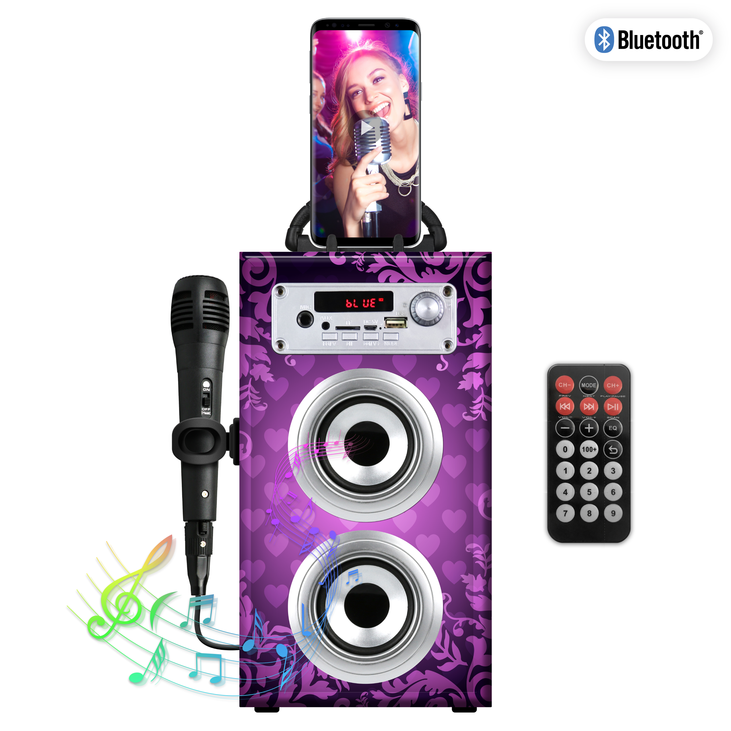 Karaoke- Set, inkl. Mikrofon, Bluetooth, Micro-USB, AUX, FM Radio, Fernbedienung